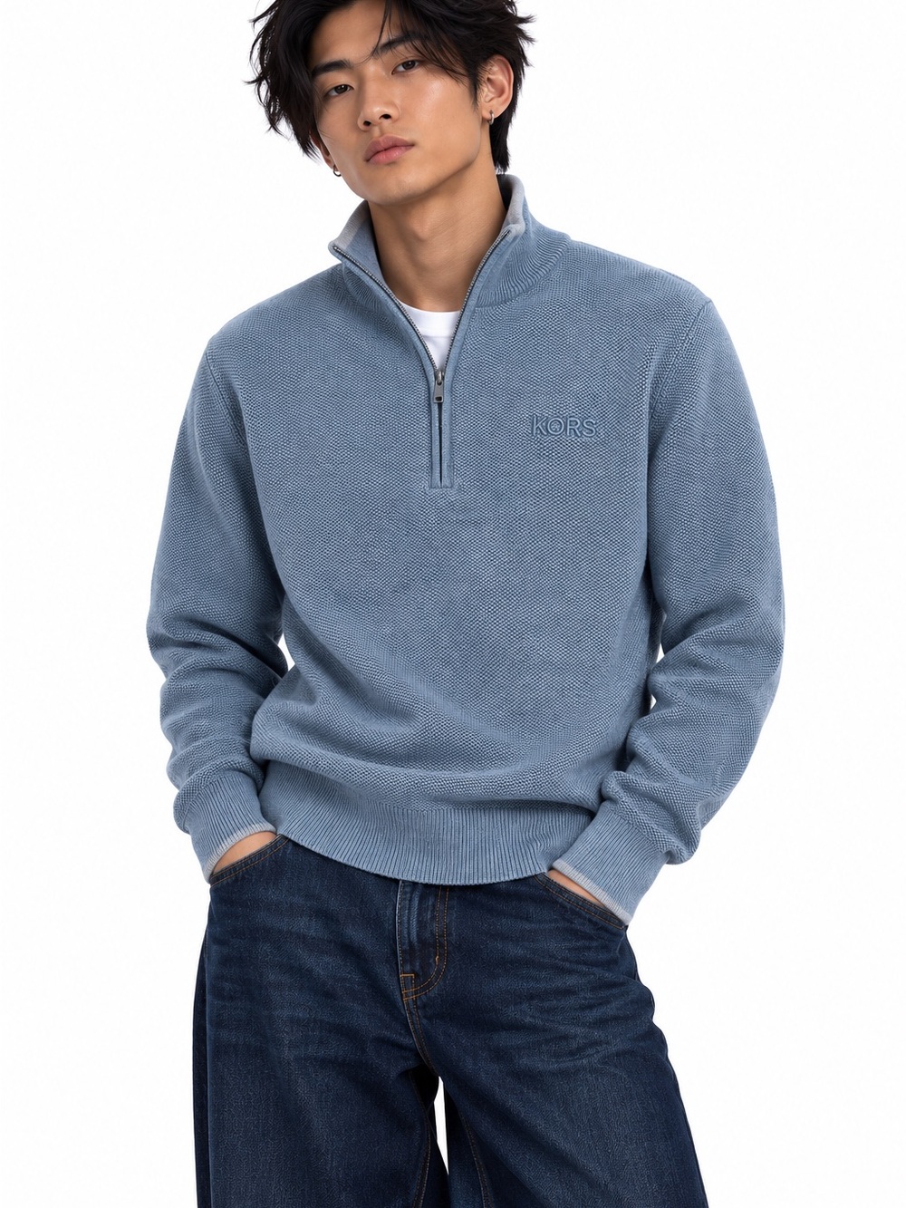Michael Kors Marano Wool Men's Blue Quarter-Zip Sweater